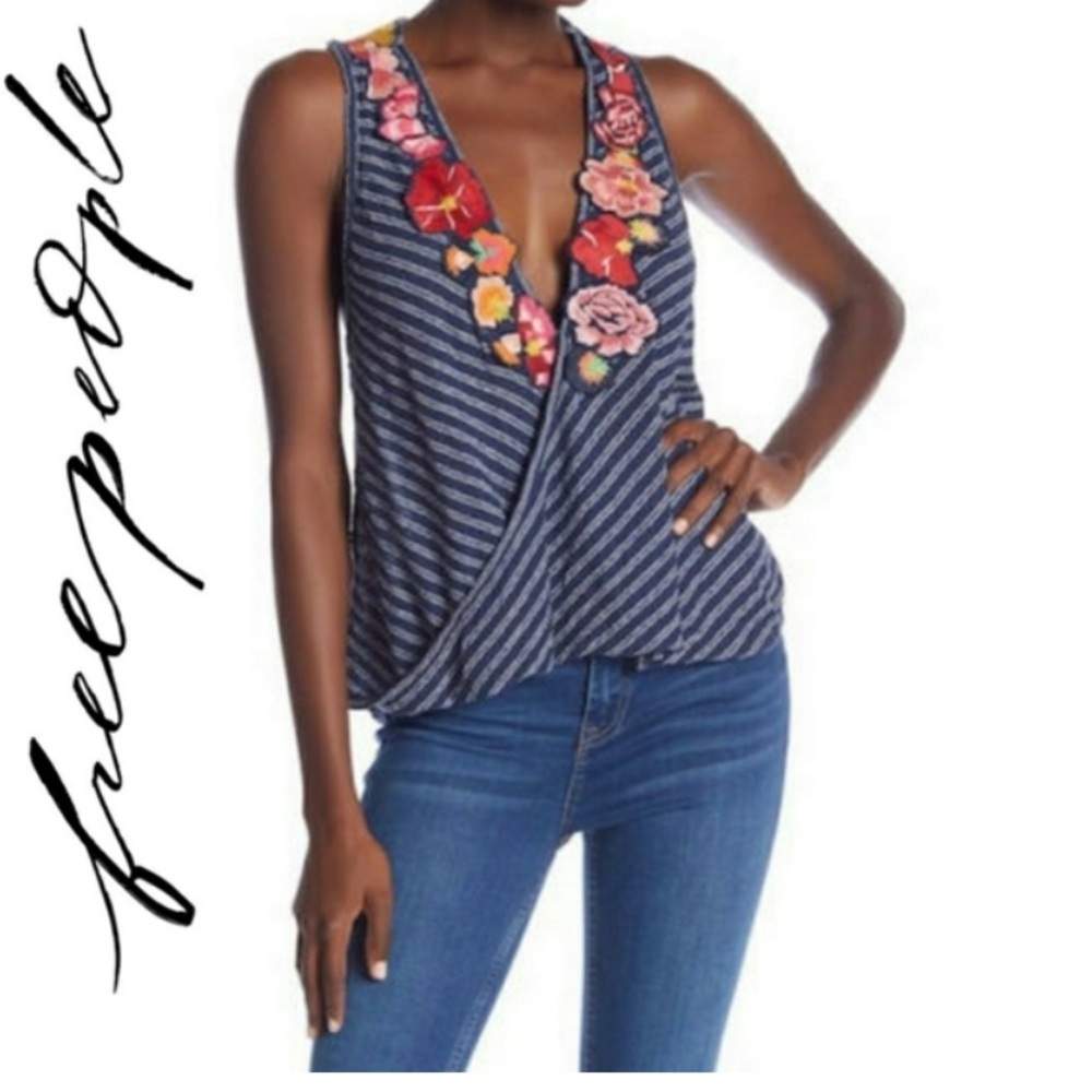 Free People Striped Navy Floral Tank Top